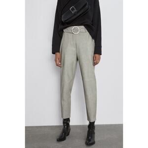 ZARA Olive Green Belted Waist Faux Leather High Rise Cropped Pants w/ Pockets M